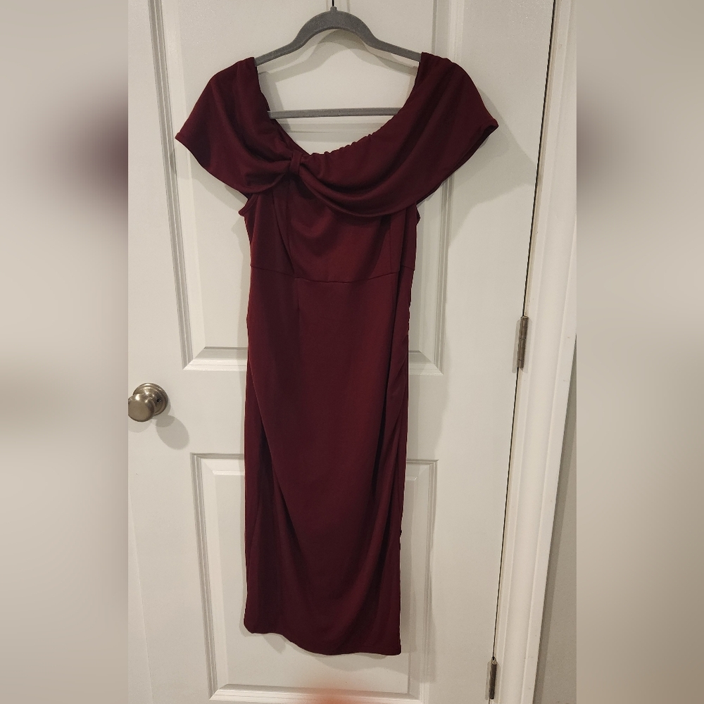 Maacie Off Shoulder Maternity Fitted Dress Burgundy Large